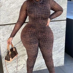 Sexy In Snake Mesh Jumpsuit - Brown